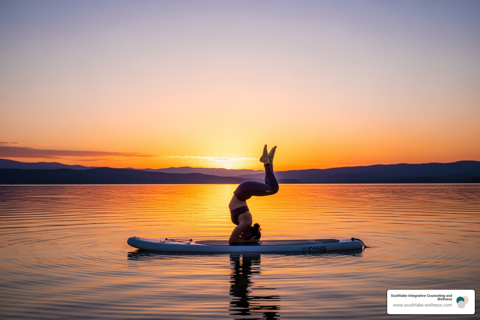 person doing a yoga pose on a paddleboard in a serene lake at sunset - holistic stress management person doing a yoga pose on a paddleboard in a serene lake at sunset - holistic stress management