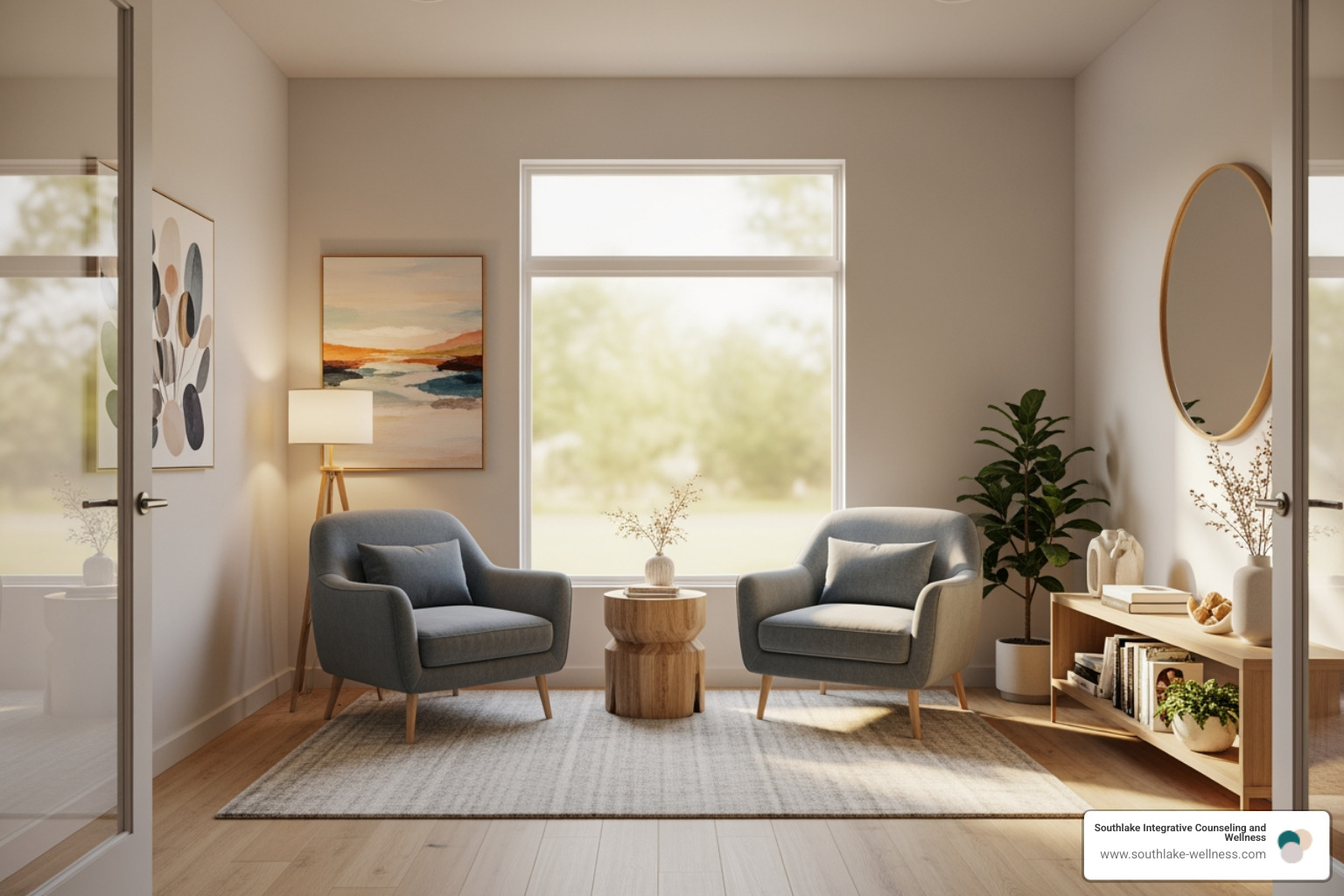 a bright, modern, and welcoming therapy office interior with comfortable seating and natural light - holistic stress management a bright, modern, and welcoming therapy office interior with comfortable seating and natural light - holistic stress management