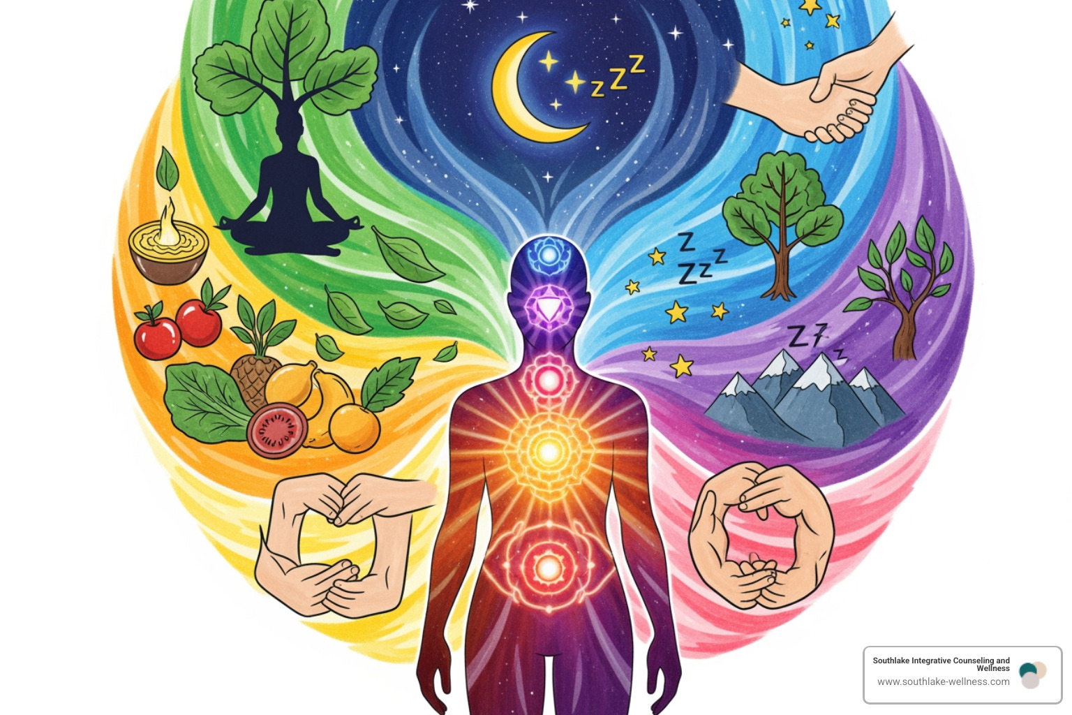 illustration of a person with glowing chakras, surrounded by symbols representing mindfulness, healthy food, sleep, nature, and social connection, all flowing into a central figure of well-being - holistic stress management illustration of a person with glowing chakras, surrounded by symbols representing mindfulness, healthy food, sleep, nature, and social connection, all flowing into a central figure of well-being - holistic stress management