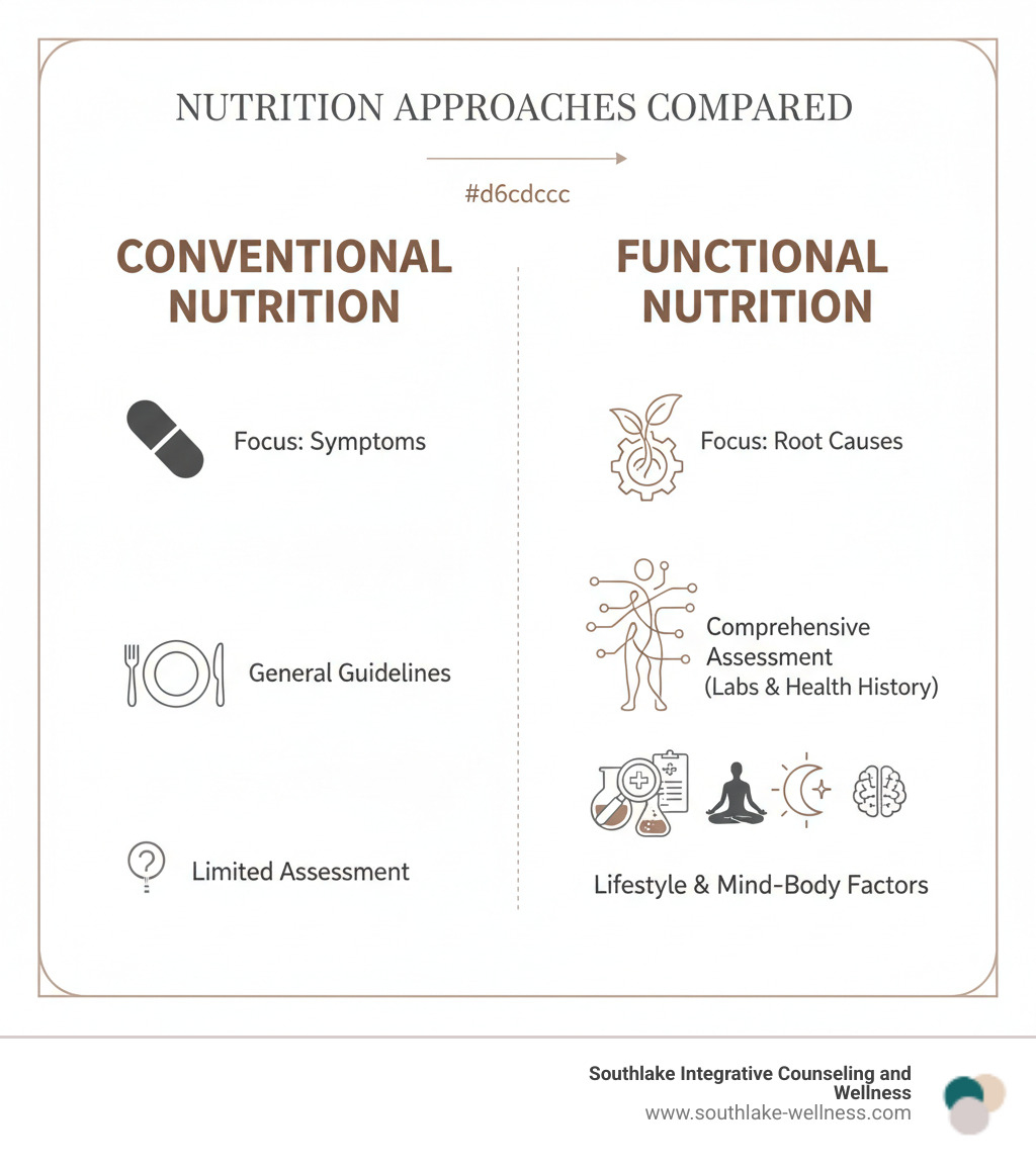 infographic comparing conventional nutrition approach focusing on symptoms and general guidelines versus functional nutrition counseling approach focusing on root causes, personalized plans, comprehensive assessment including labs and health history, and integration of lifestyle and mind-body factors - functional nutrition counseling infographic 