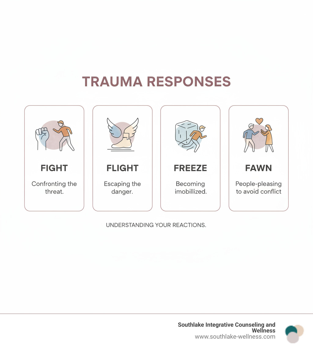 infographic showing the four trauma responses: Fight (confronting the threat), Flight (escaping the danger), Freeze (becoming immobilized), and Fawn (people-pleasing to avoid conflict), with simple illustrations and brief descriptions of each response - emotional trauma therapy infographic 