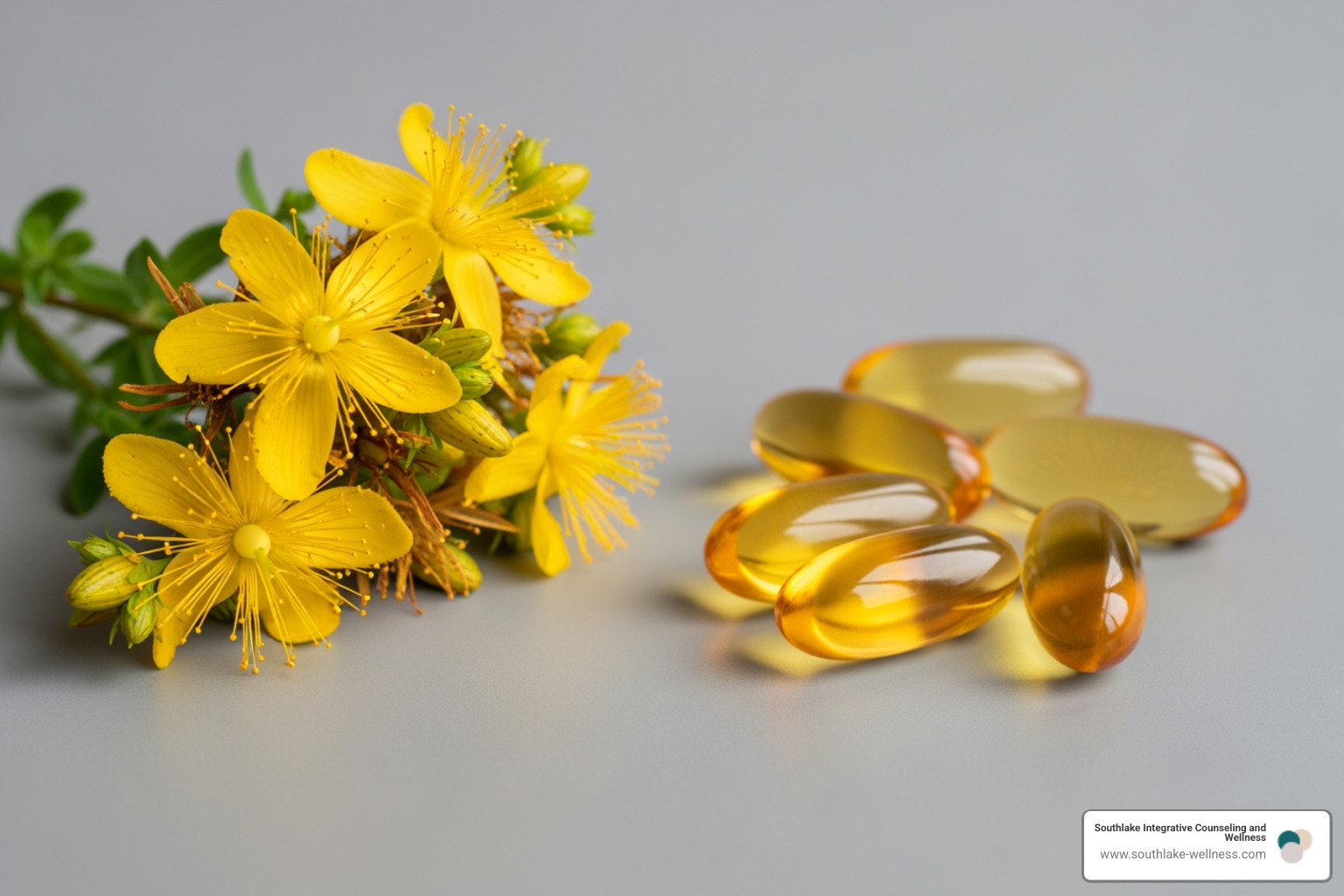 St. John's Wort flowers and Omega-3 capsules - Alternative depression treatments
