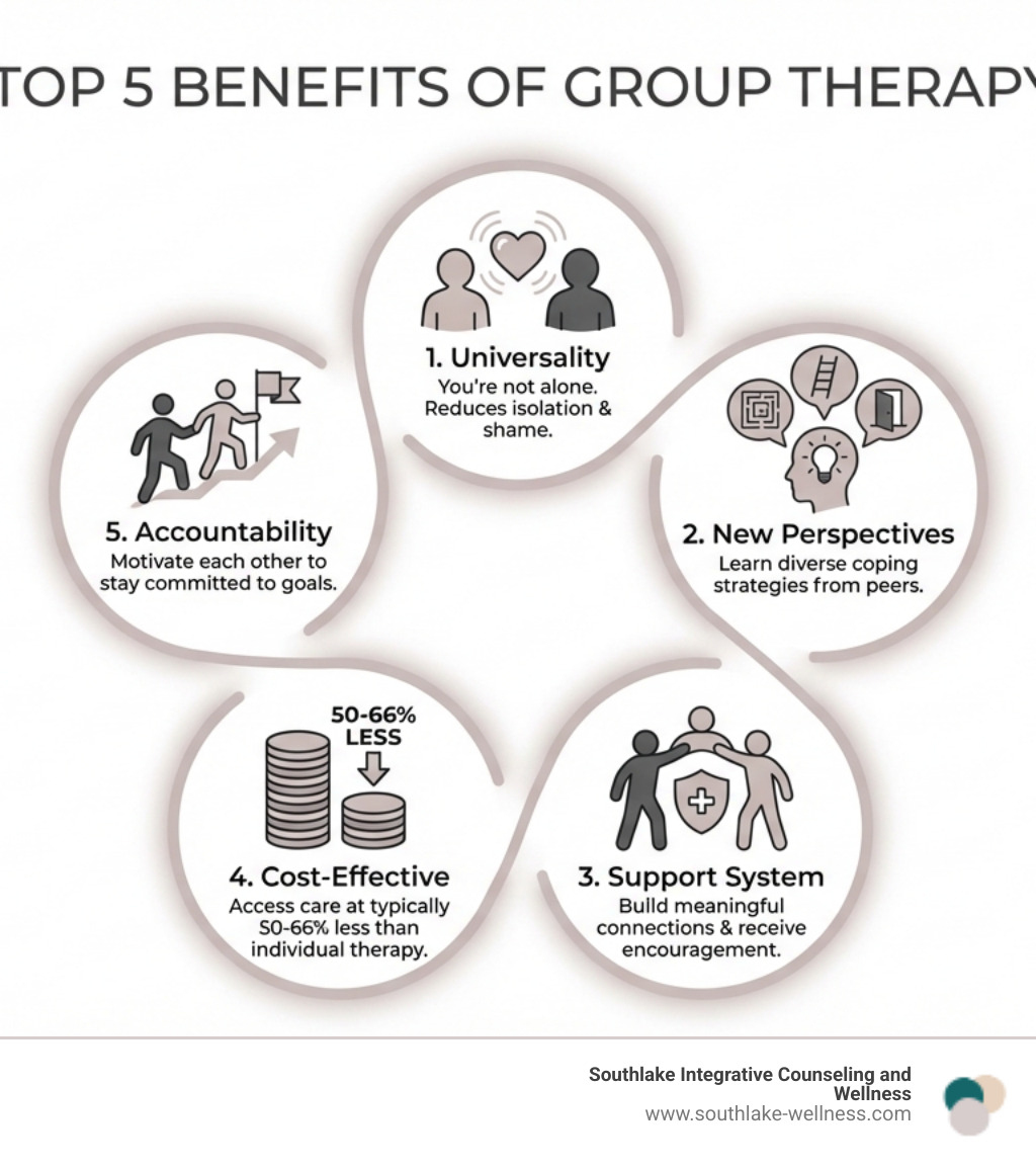 infographic showing the top 5 benefits of group therapy: 1. Universality - You're not alone in your struggles, reducing isolation and shame. 2. New Perspectives - Learn diverse coping strategies from others facing similar challenges. 3. Support System - Build meaningful connections and receive encouragement from peers. 4. Cost-Effective - Access quality mental health care at typically 50-66% less than individual therapy. 5. Accountability - Group members motivate each other to stay committed to recovery goals - benefits of group therapy infographic 
