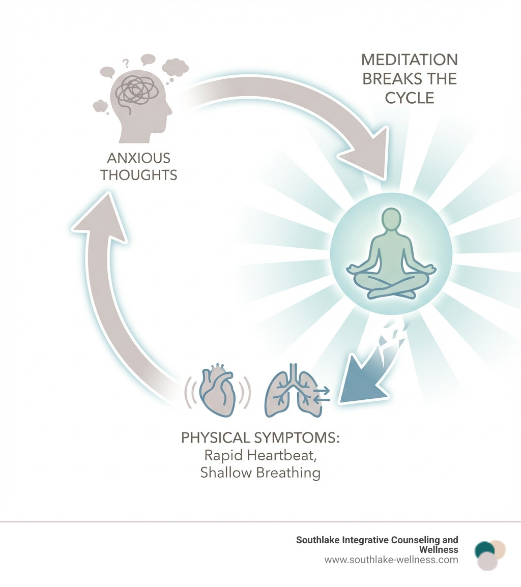 infographic showing the cycle of anxious thoughts leading to physical symptoms like rapid heartbeat and shallow breathing, which then trigger more anxious thoughts, with meditation breaking this cycle - meditations for the anxious infographic 