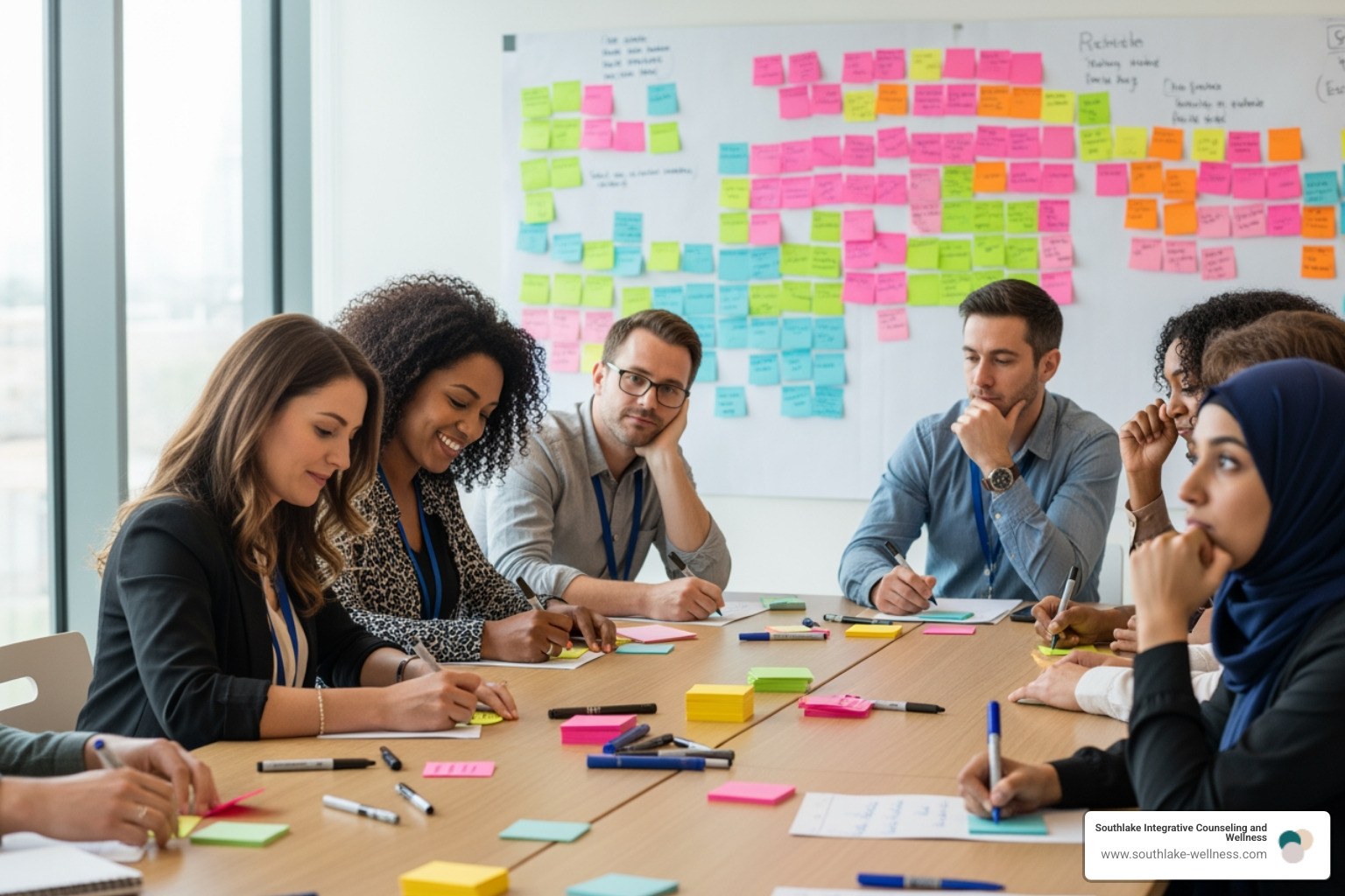 participants writing reflections on colorful sticky notes - closure activities for groups