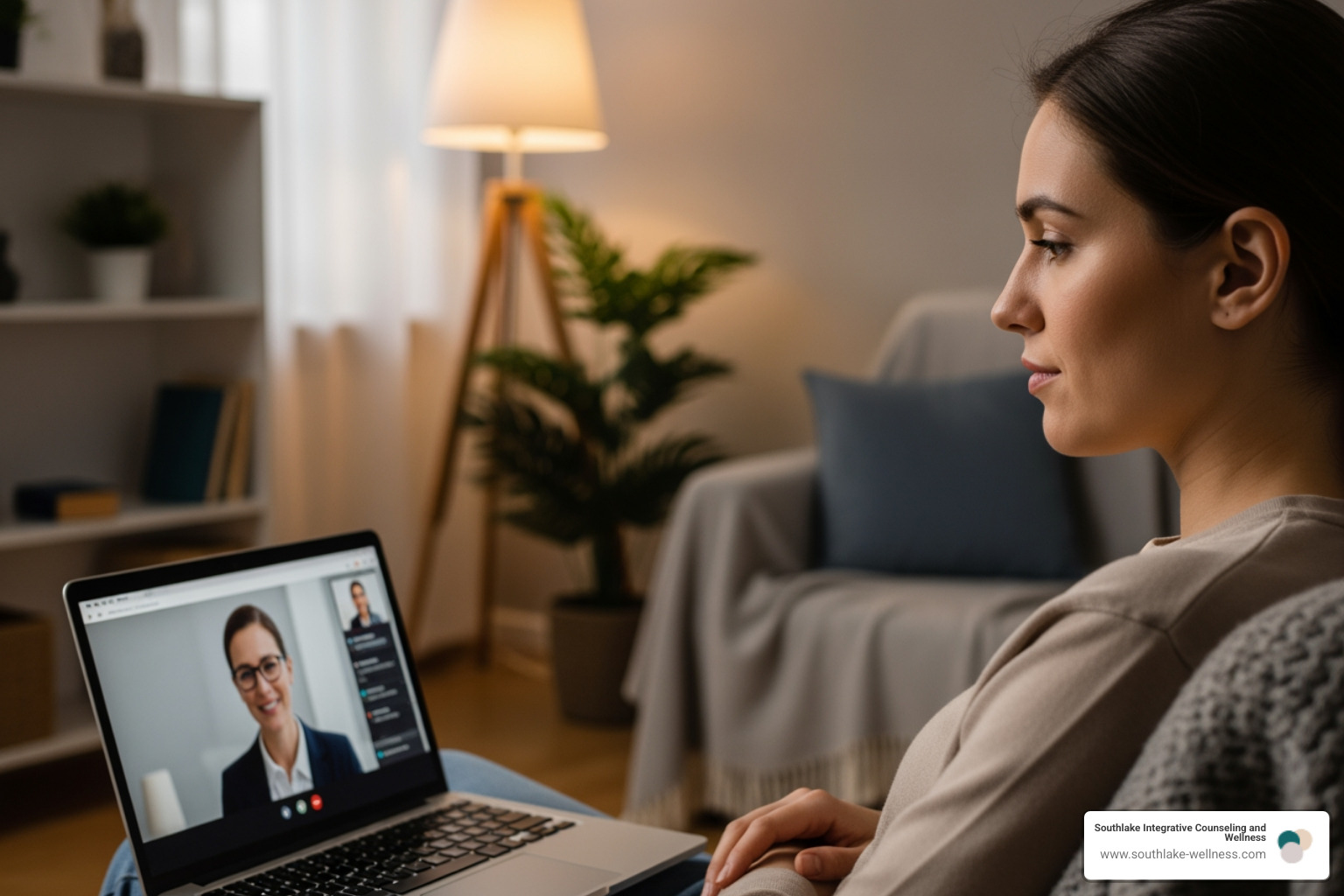 a person on a laptop during a virtual therapy session - integrative therapist near me