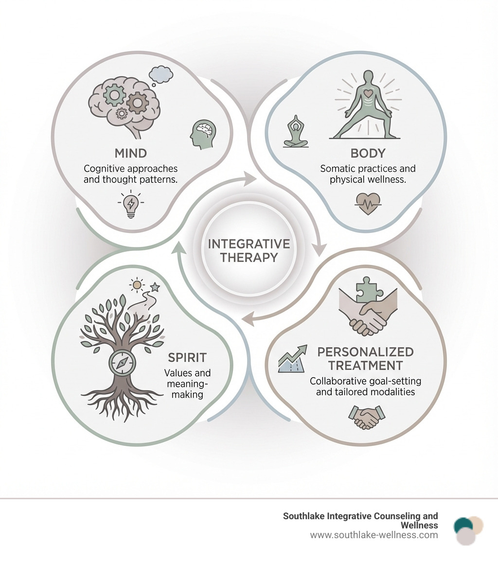infographic showing the four pillars of integrative therapy: Mind (cognitive approaches and thought patterns), Body (somatic practices and physical wellness), Spirit (values and meaning-making), and Personalized Treatment (collaborative goal-setting and tailored modalities) - integrative therapist near me infographic 