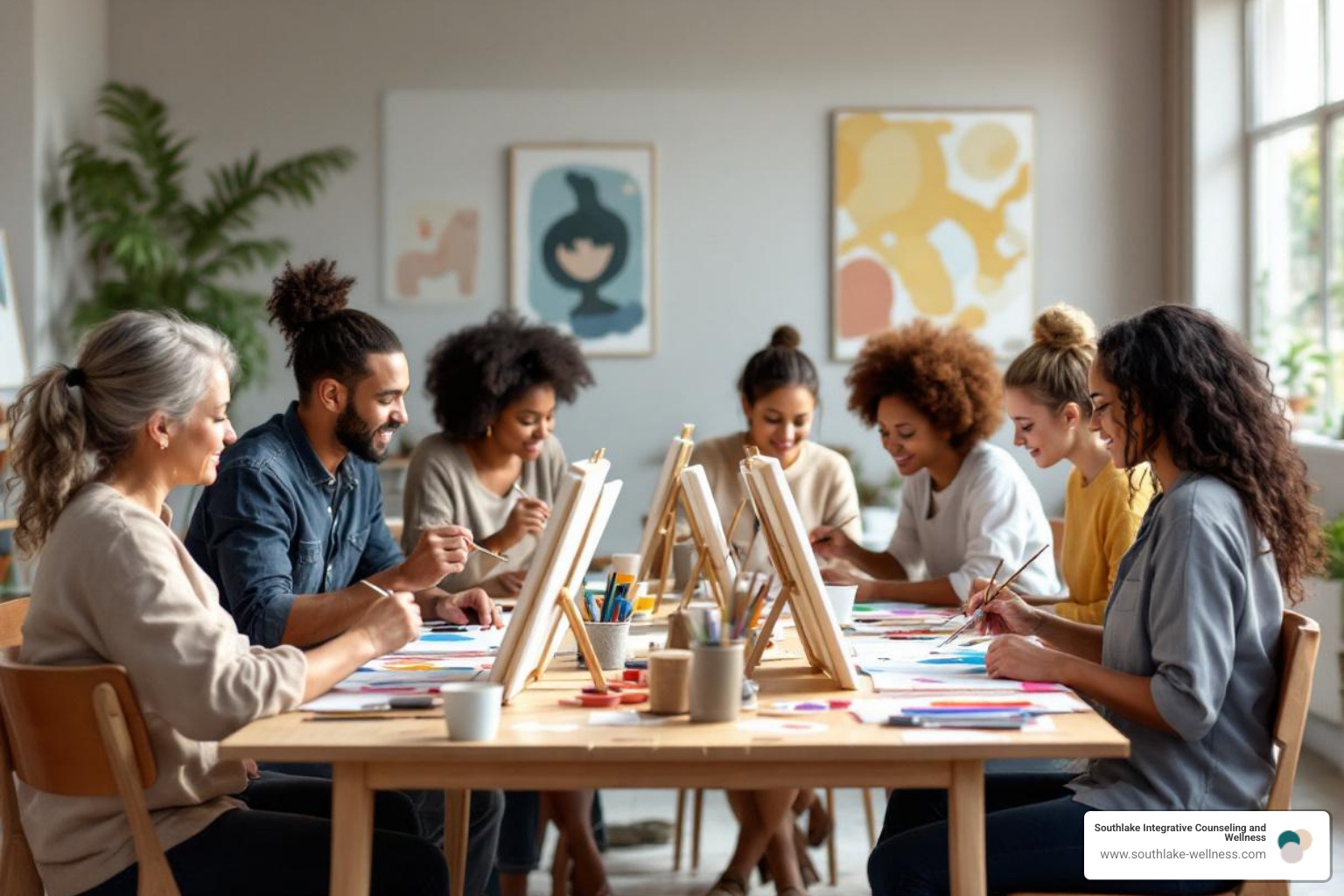 group art therapy session with members painting - group therapy exercises for depression