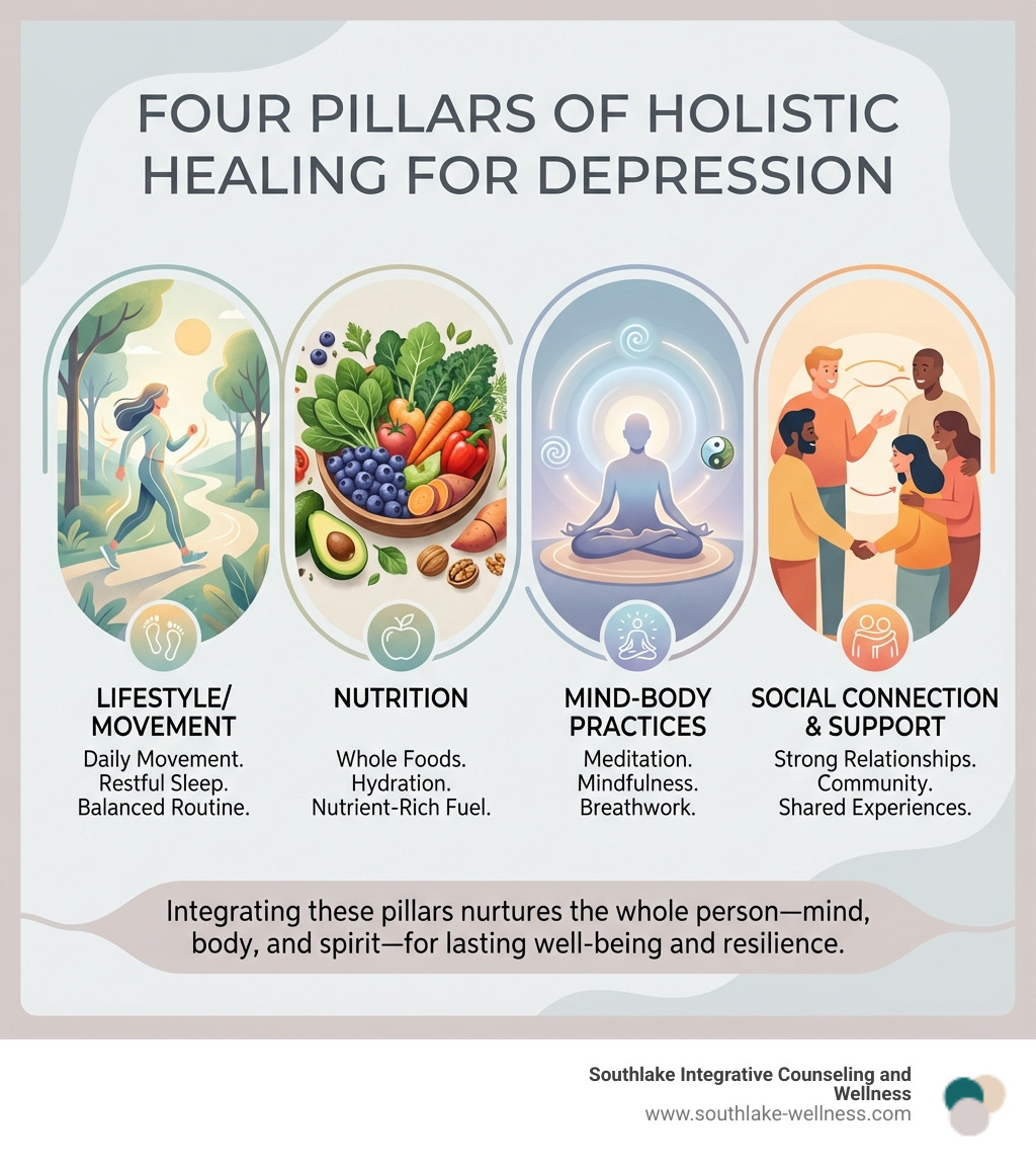 infographic showing four pillars of holistic healing: a figure walking for Lifestyle/Movement, colorful fruits and vegetables for Nutrition, a person meditating for Mind-Body Practices, and people connecting for Social Connection and Support - holistic healing for depression infographic 