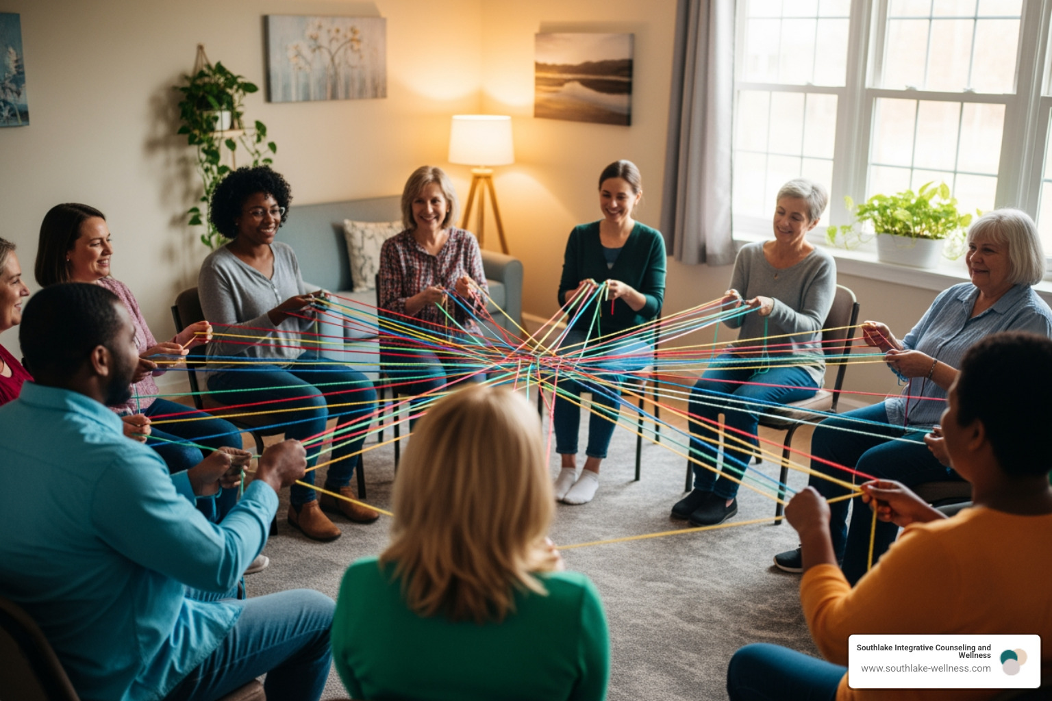 of a group holding interconnected pieces of yarn, forming a web. - closing activities for group therapy