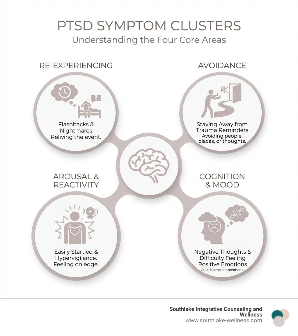 Infographic showing the four main symptom clusters of PTSD: Re-experiencing symptoms including flashbacks and nightmares; Avoidance symptoms including staying away from trauma reminders; Arousal and Reactivity symptoms including being easily startled and hypervigilance; and Cognition and Mood symptoms including negative thoughts and difficulty feeling positive emotions - PTSD coping skills infographic 