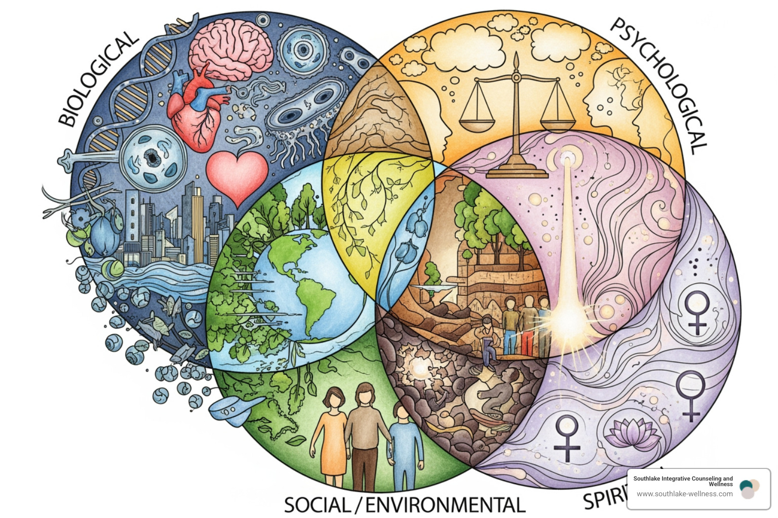 interlocking circles representing the biological, psychological, social/environmental, and spiritual components of a person - holistic counseling interlocking circles representing the biological, psychological, social/environmental, and spiritual components of a person - holistic counseling