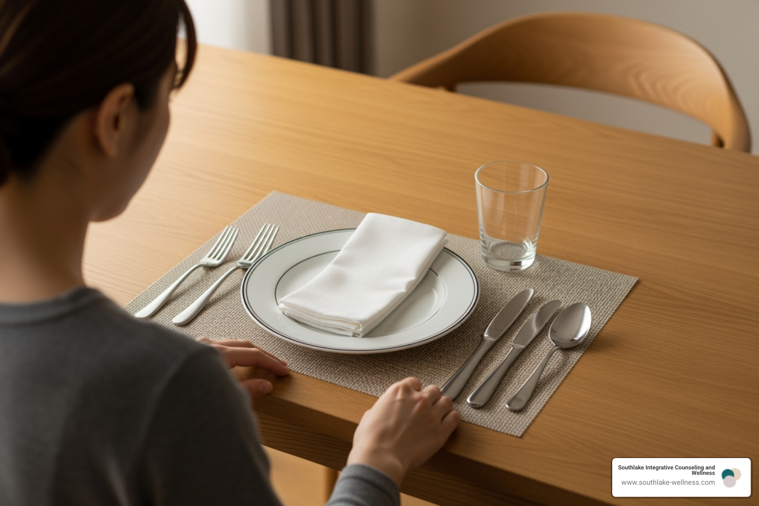 person setting a table for one without distractions - mindfulness based eating