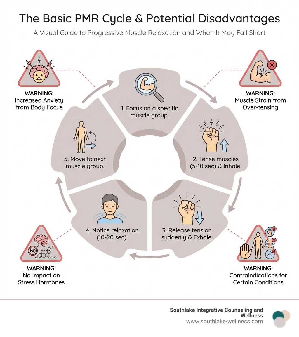 Infographic showing the basic PMR cycle: Step 1 - Focus on a specific muscle group, Step 2 - Tense the muscles for 5-10 seconds while inhaling, Step 3 - Release tension suddenly while exhaling, Step 4 - Notice the relaxation for 10-20 seconds, Step 5 - Move to next muscle group. Includes warning symbols indicating potential issues: increased anxiety from body focus, muscle strain from over-tensing, no impact on stress hormones, and contraindications for certain conditions - disadvantages of progressive muscle relaxation infographic Infographic showing the basic PMR cycle: Step 1 - Focus on a specific muscle group, Step 2 - Tense the muscles for 5-10 seconds while inhaling, Step 3 - Release tension suddenly while exhaling, Step 4 - Notice the relaxation for 10-20 seconds, Step 5 - Move to next muscle group. Includes warning symbols indicating potential issues: increased anxiety from body focus, muscle strain from over-tensing, no impact on stress hormones, and contraindications for certain conditions - disadvantages of progressive muscle relaxation infographic