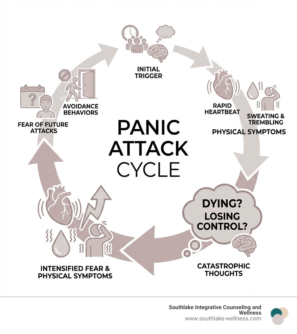 infographic showing the panic attack cycle: initial trigger leads to physical symptoms like rapid heartbeat and sweating, which create catastrophic thoughts about dying or losing control, which intensify fear and physical symptoms, creating fear of future attacks and avoidance behaviors - panic attack therapy Southlake infographic infographic showing the panic attack cycle: initial trigger leads to physical symptoms like rapid heartbeat and sweating, which create catastrophic thoughts about dying or losing control, which intensify fear and physical symptoms, creating fear of future attacks and avoidance behaviors - panic attack therapy Southlake infographic