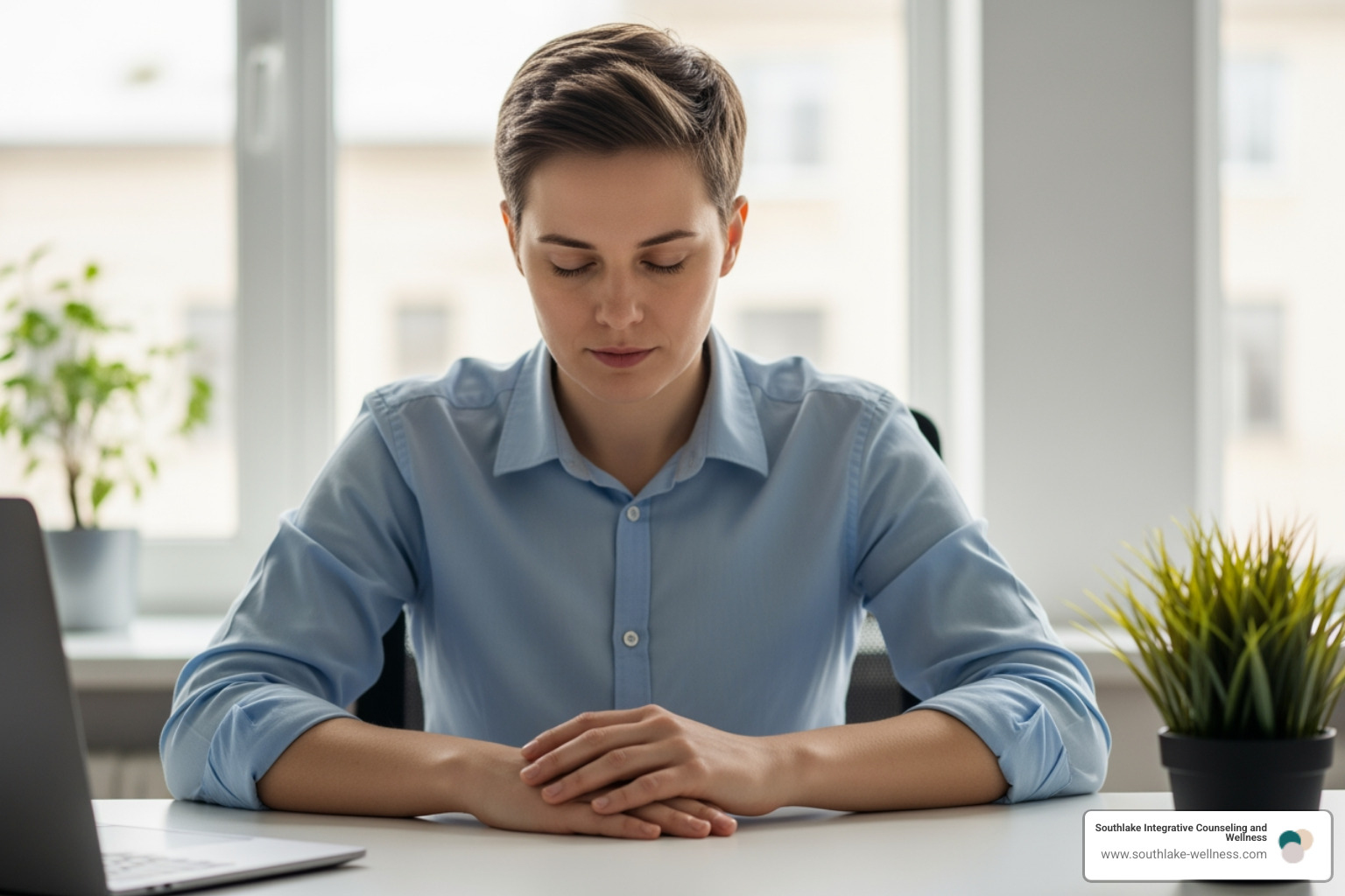 person practicing micro-meditation at a desk - meditation for wellbeing