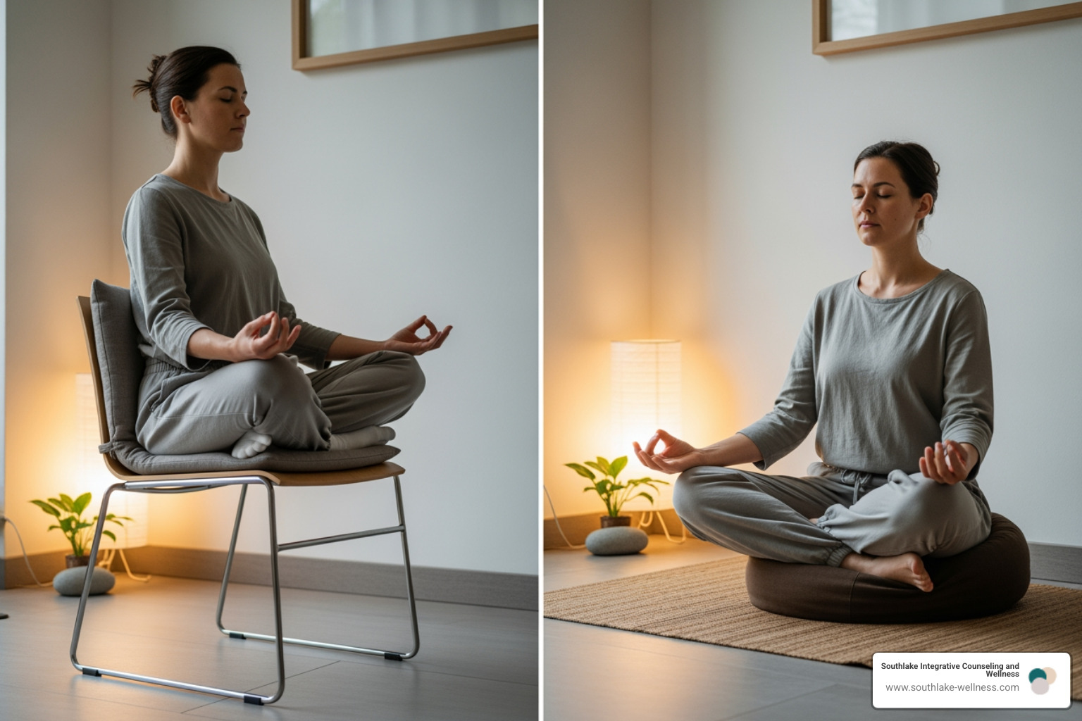 person meditating in a chair and on the floor - meditation for wellbeing