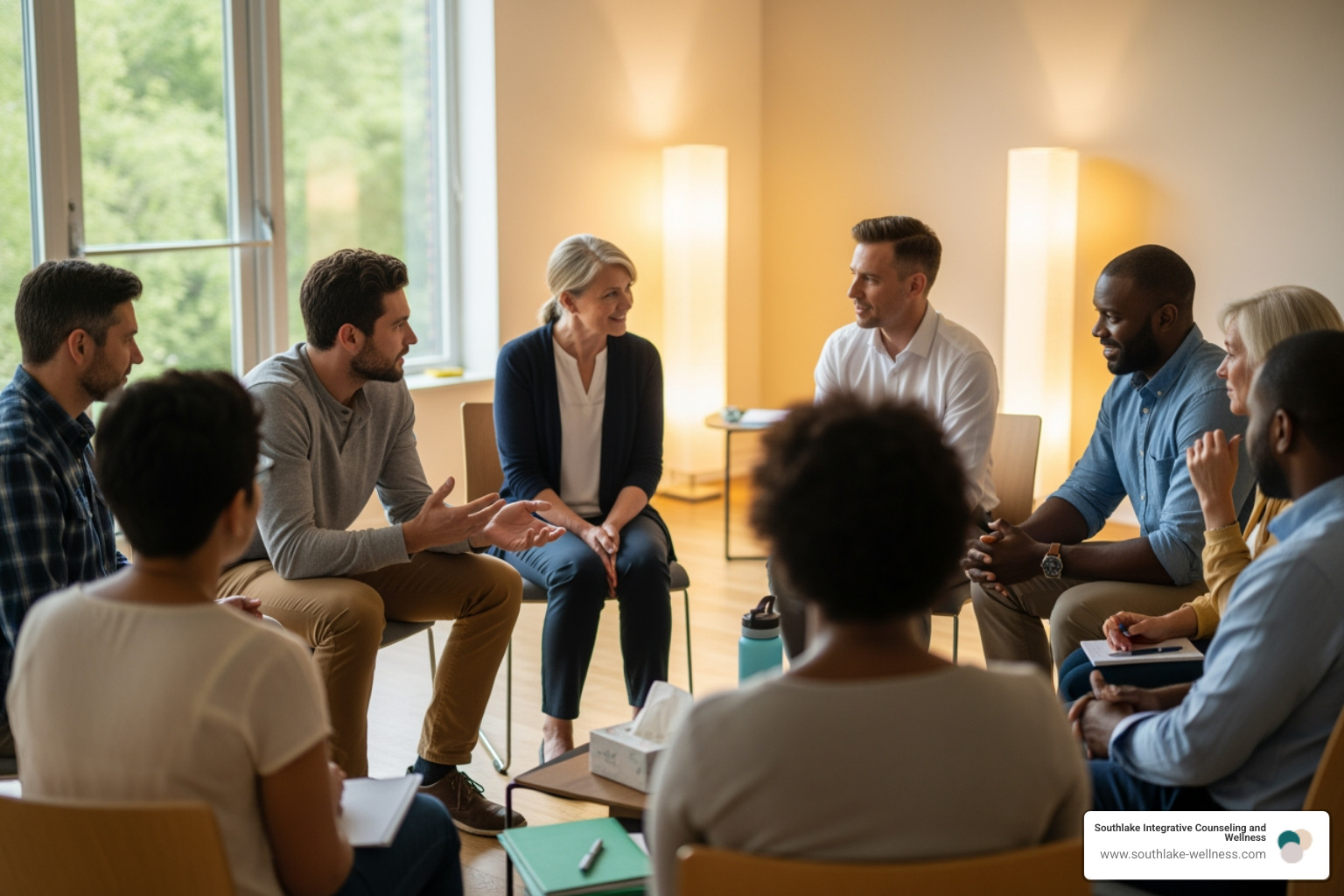 group engaged in a whiteboard activity, facilitated by a therapist - therapeutic groups for adults