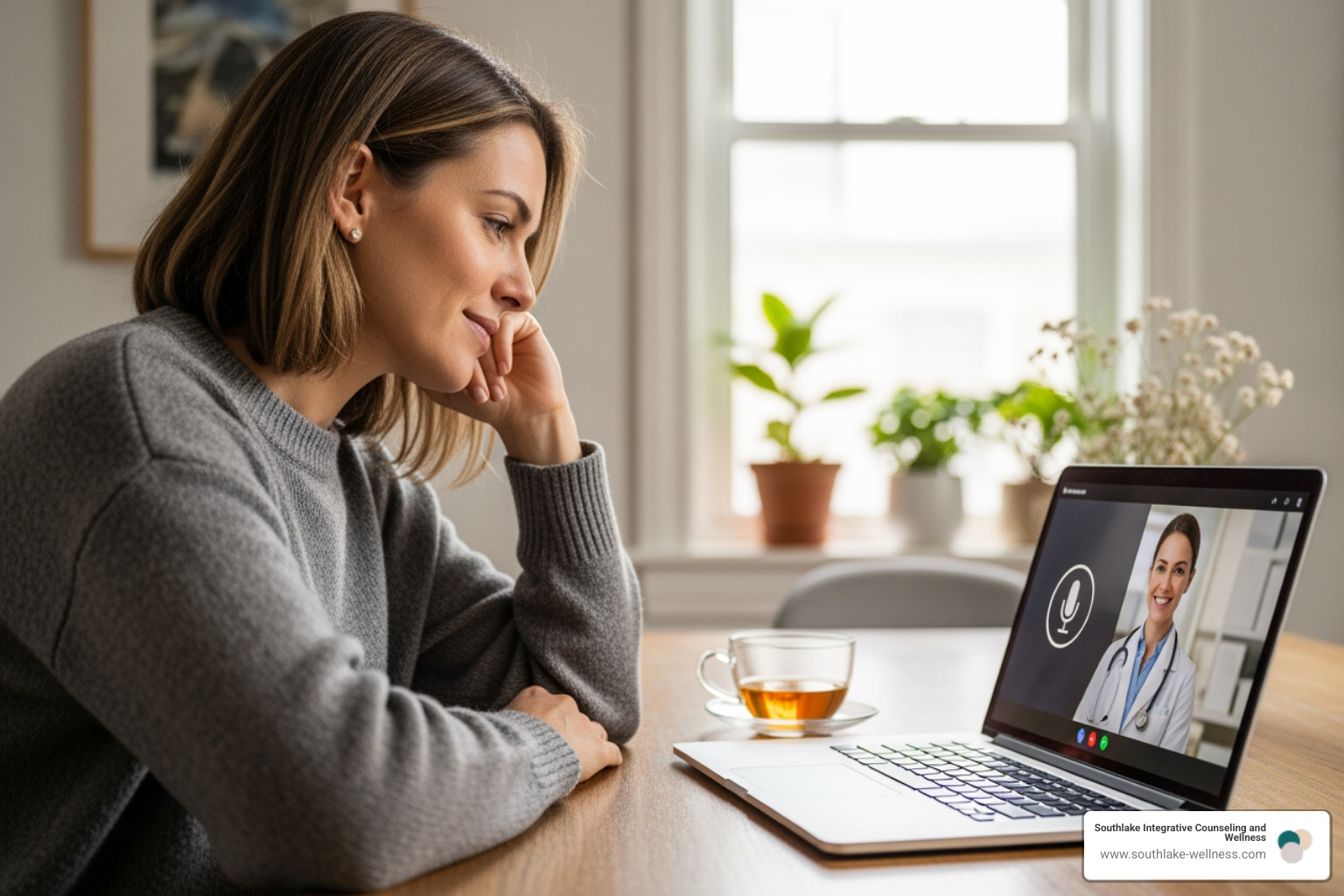 person on a laptop during a telehealth session - psychiatrist southlake person on a laptop during a telehealth session - psychiatrist southlake