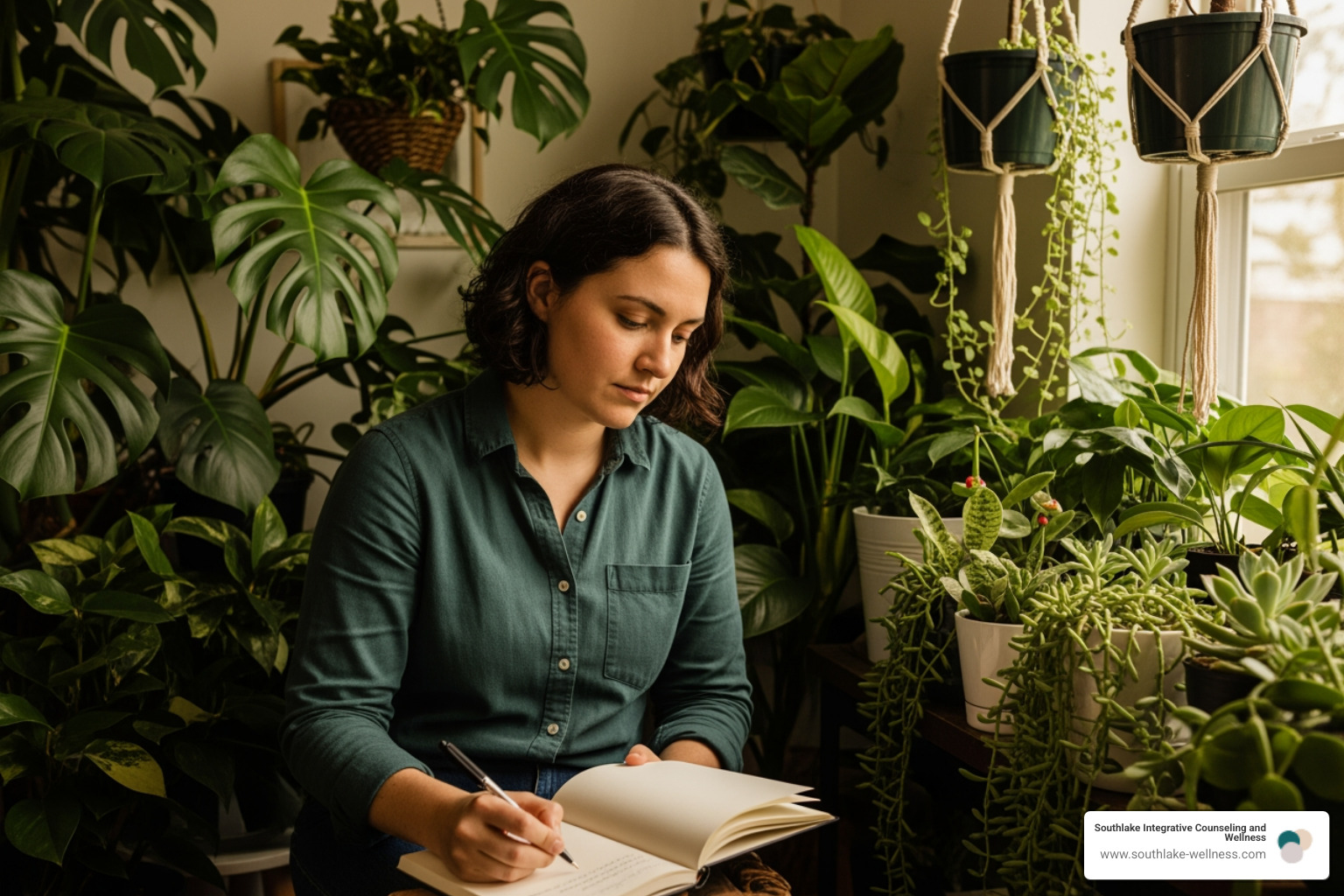 A person sitting thoughtfully, writing in a journal with a pen, surrounded by lush green plants, suggesting reflection and personal growth. - therapeutic group topics A person sitting thoughtfully, writing in a journal with a pen, surrounded by lush green plants, suggesting reflection and personal growth. - therapeutic group topics