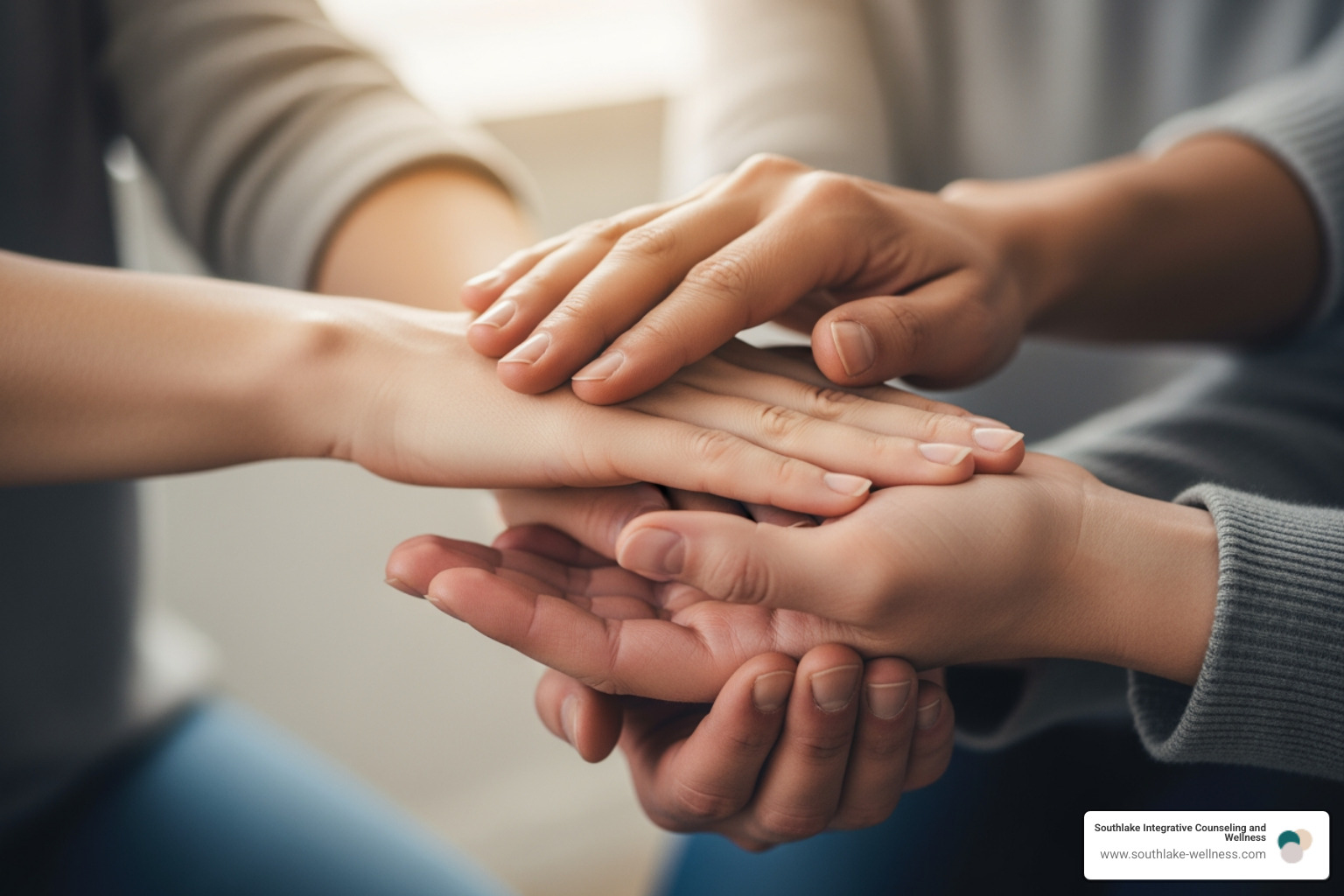 Three hands, two reaching out in support and one being offered, symbolizing empathy, connection, and healing in a group setting. - therapeutic group topics Three hands, two reaching out in support and one being offered, symbolizing empathy, connection, and healing in a group setting. - therapeutic group topics