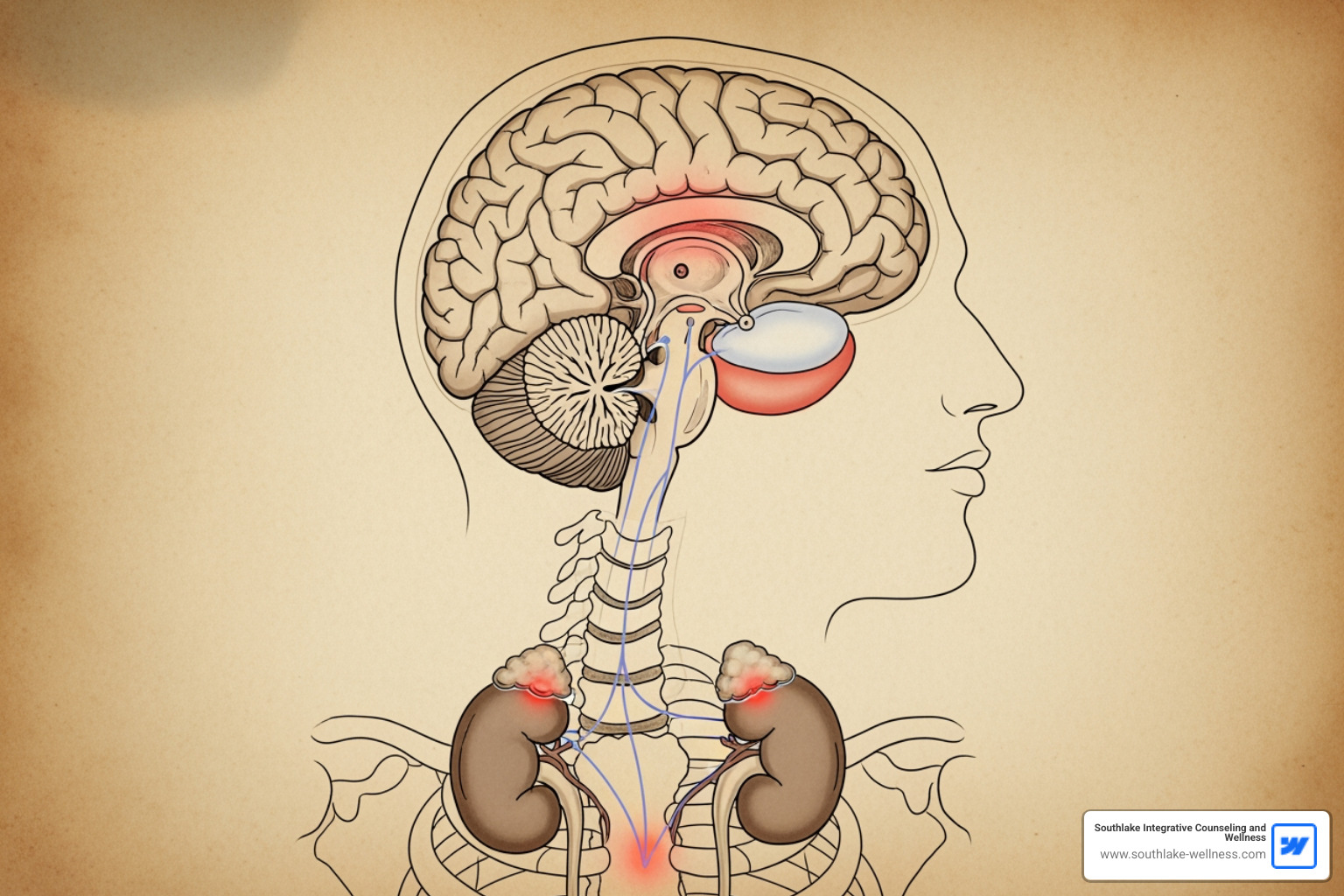 diagram showing the HPA axis - hypothalamus, pituitary gland, and adrenal glands - and the release of cortisol in response to stress - calm nervous system