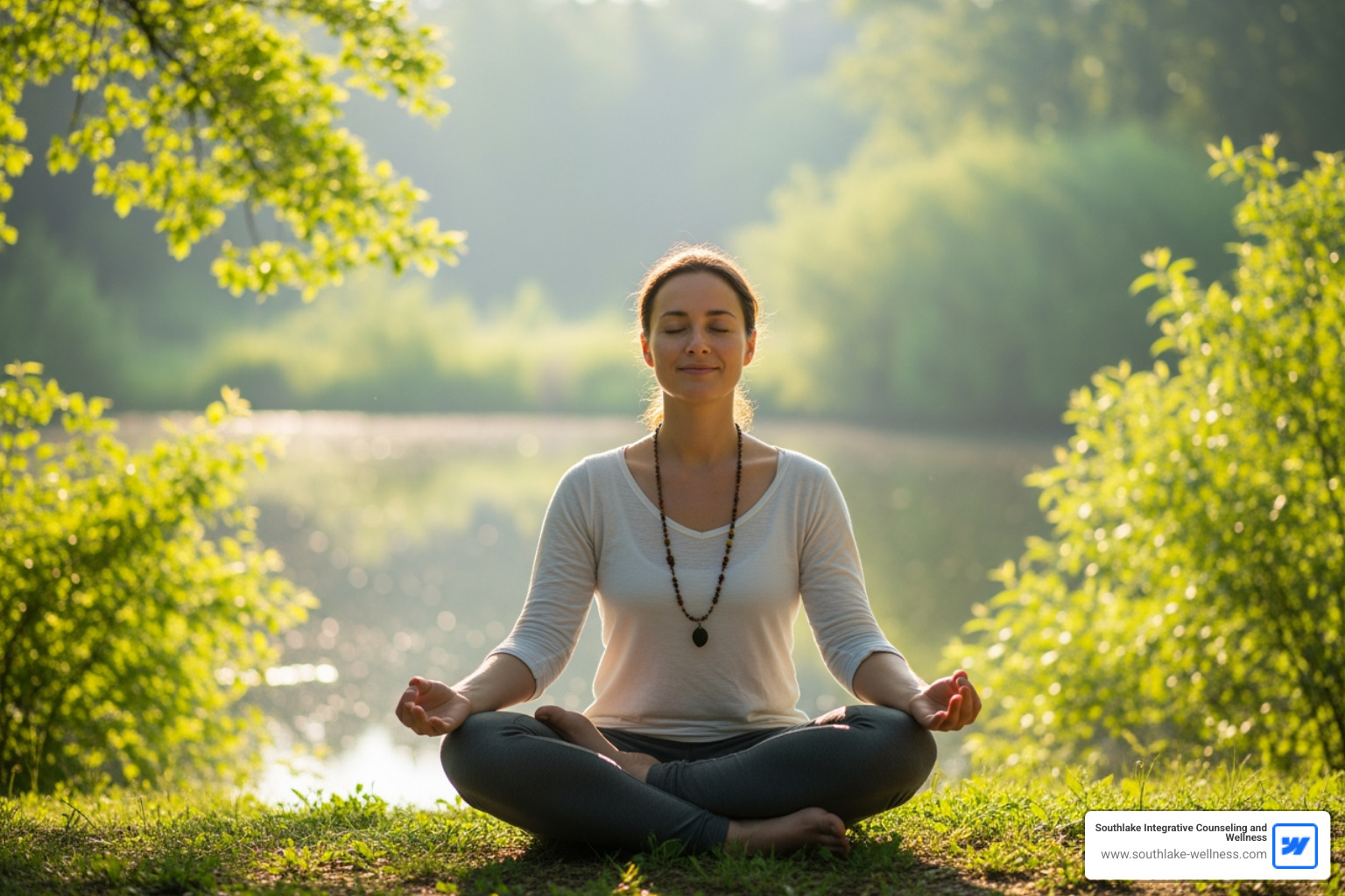 person sitting in a peaceful outdoor setting, meditating with eyes closed and a gentle smile - calm nervous system