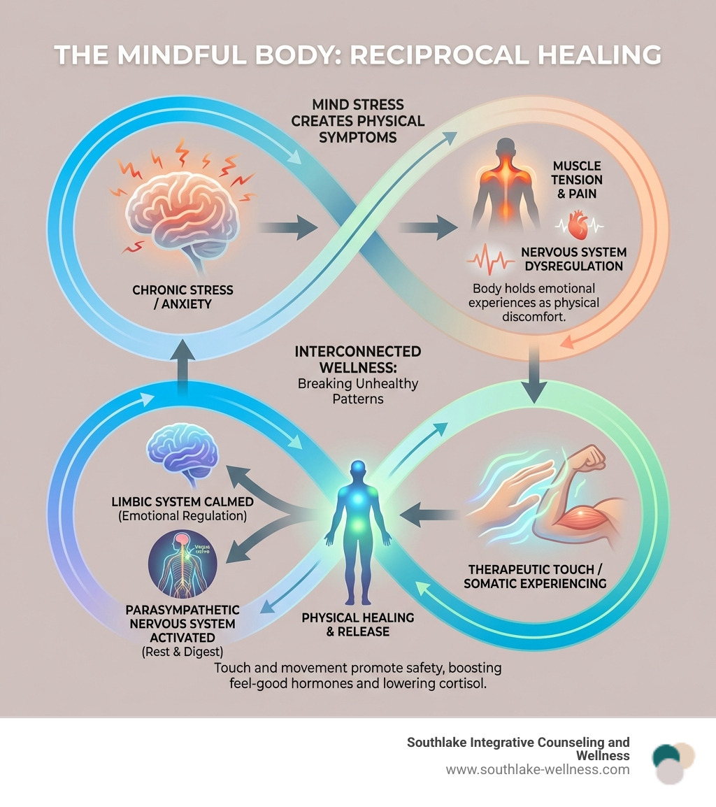 infographic showing the reciprocal relationship between mind and body, including how stress creates physical symptoms like muscle tension and how physical healing through therapeutic touch calms the limbic system and activates the parasympathetic nervous system - body and mind therapeutic infographic 