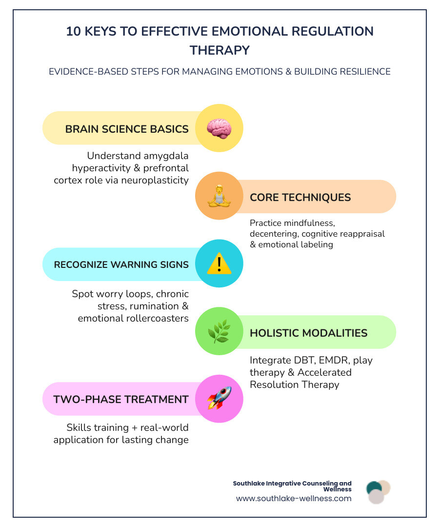 Infographic showing the 10 keys to effective therapy for emotional regulation in Southlake: 1) Understanding brain science and neuroplasticity, 2) Learning core techniques like mindfulness and cognitive reappraisal, 3) Recognizing signs you need professional support such as worry loops and chronic stress, 4) Integrating complementary modalities including DBT and EMDR for trauma, 5) Utilizing play therapy for children and neurodivergent individuals, 6) Exploring Accelerated Resolution Therapy for rapid trauma recovery, 7) Following a two-phase treatment structure with skills training and real-world application, 8) Practicing values-based action and goal-directed behavior, 9) Building emotional resilience through acceptance and self-compassion, 10) Accessing personalized holistic care at Southlake Integrative Counseling and Wellness - therapy for emotional regulation southlake infographic infographic-line-5-steps-colors