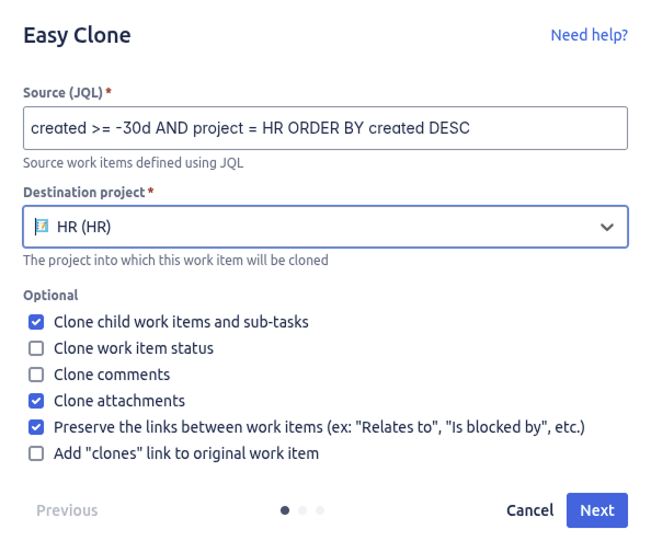 Template configuration screen