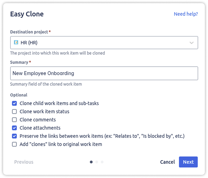 Template configuration screen