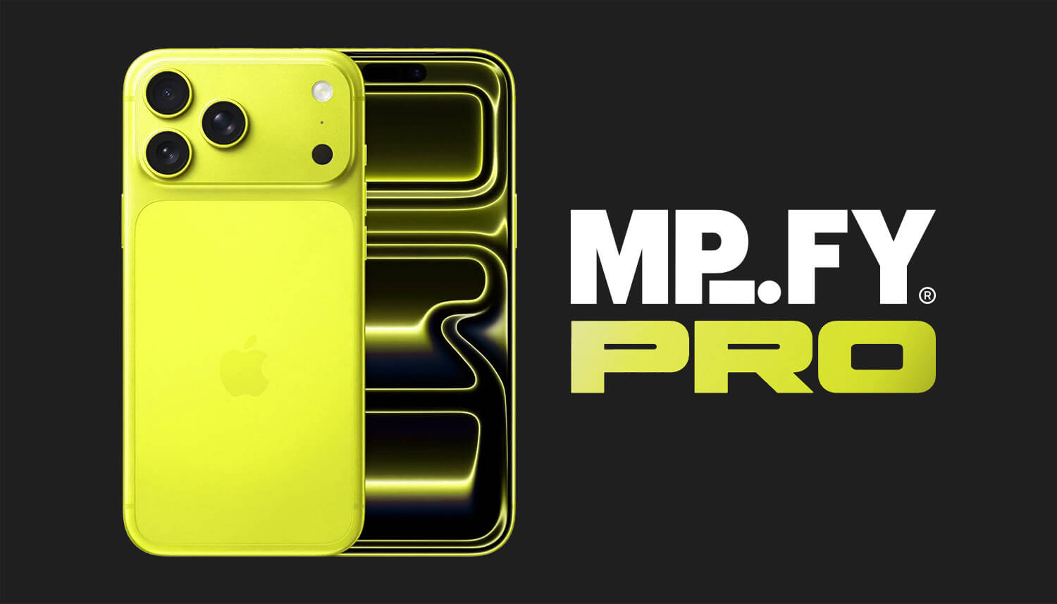 Concept image of a neon yellow iPhone 17 Pro inspired by MPiFY branding, with bold typography and reflective Liquid Glass UI on screen