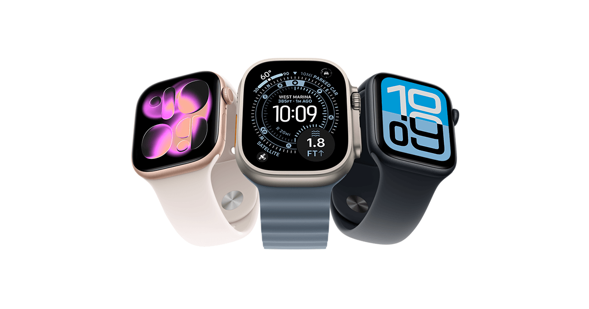 Lineup of the new Apple Watch Series 11 and Apple Watch Ultra 3, featuring redesigned watch faces and fitness tracking features