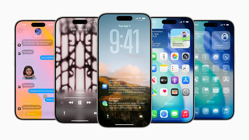 Five iPhone 17 Pro models showcasing Apple’s new iOS 18 Liquid Glass interface, dynamic lock screens, and blurred background effects