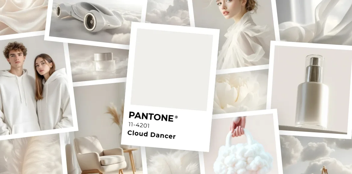 Pantone Cloud Dancer 2026 moodboard showing branding and web design inspiration