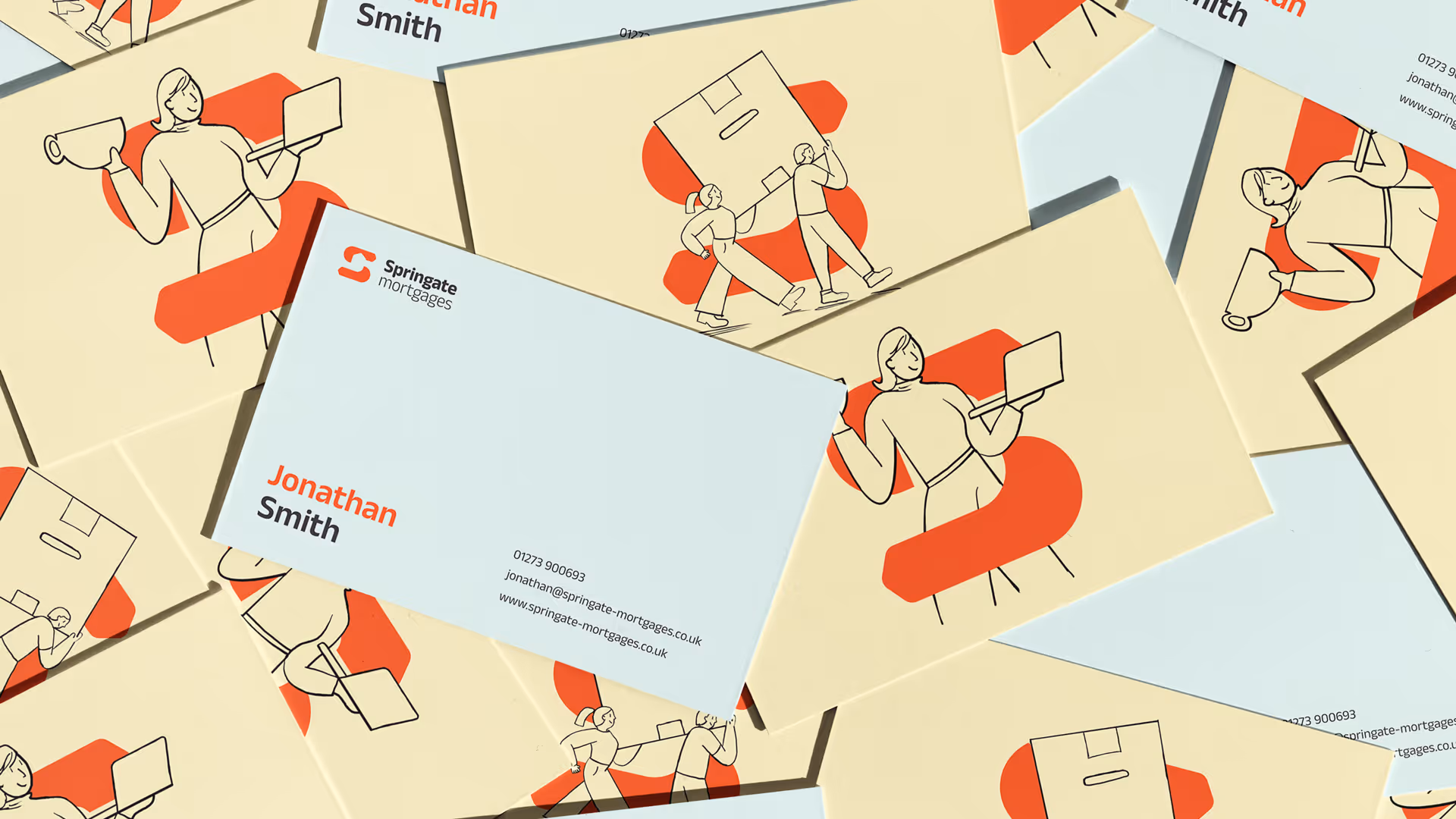 Springate Mortgages business cards with minimalist illustrations and contact details for Jonathan Smith.