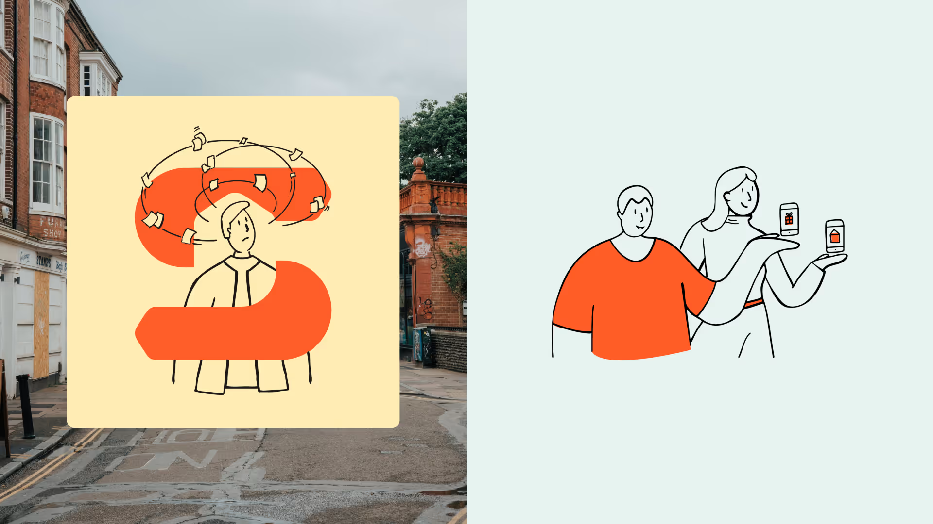 Illustration of a confused man with swirling papers and two people holding phones showing gifts and a house app.