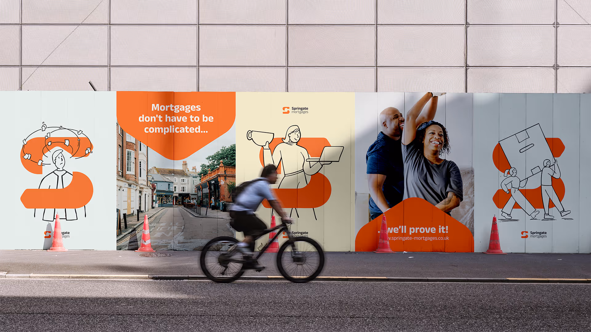 Outdoor billboard for Springate Mortgages with text, illustrations, smiling couple, and a cyclist passing by.