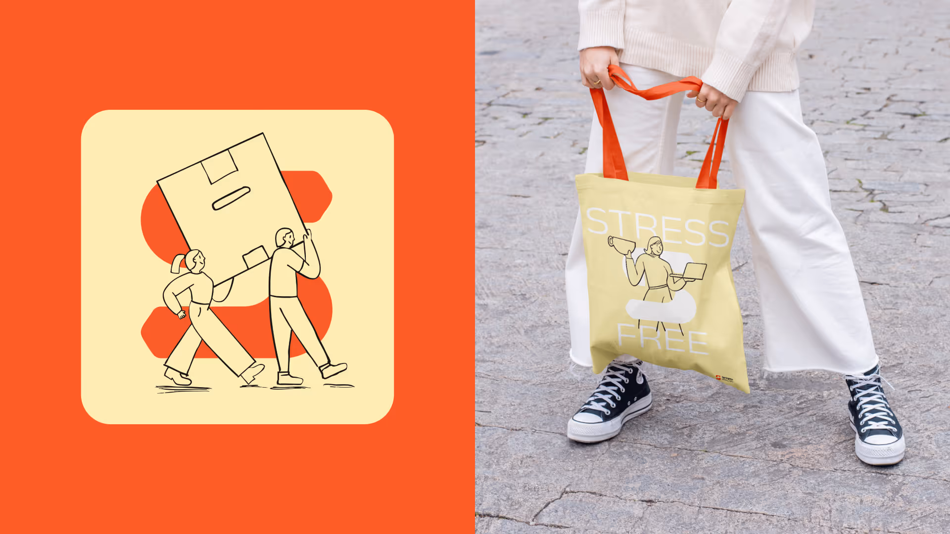 Person holding a tote bag with 'STRESS FREE' text and an illustration of a woman with a trophy and laptop.