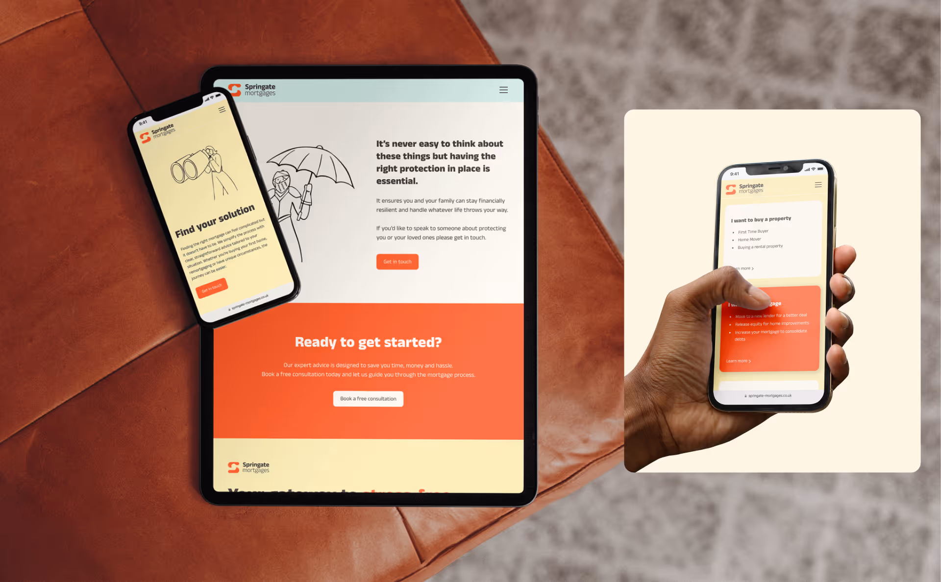 Tablet and two phones showing Springate Mortgages website screens with mortgage advice and service options.