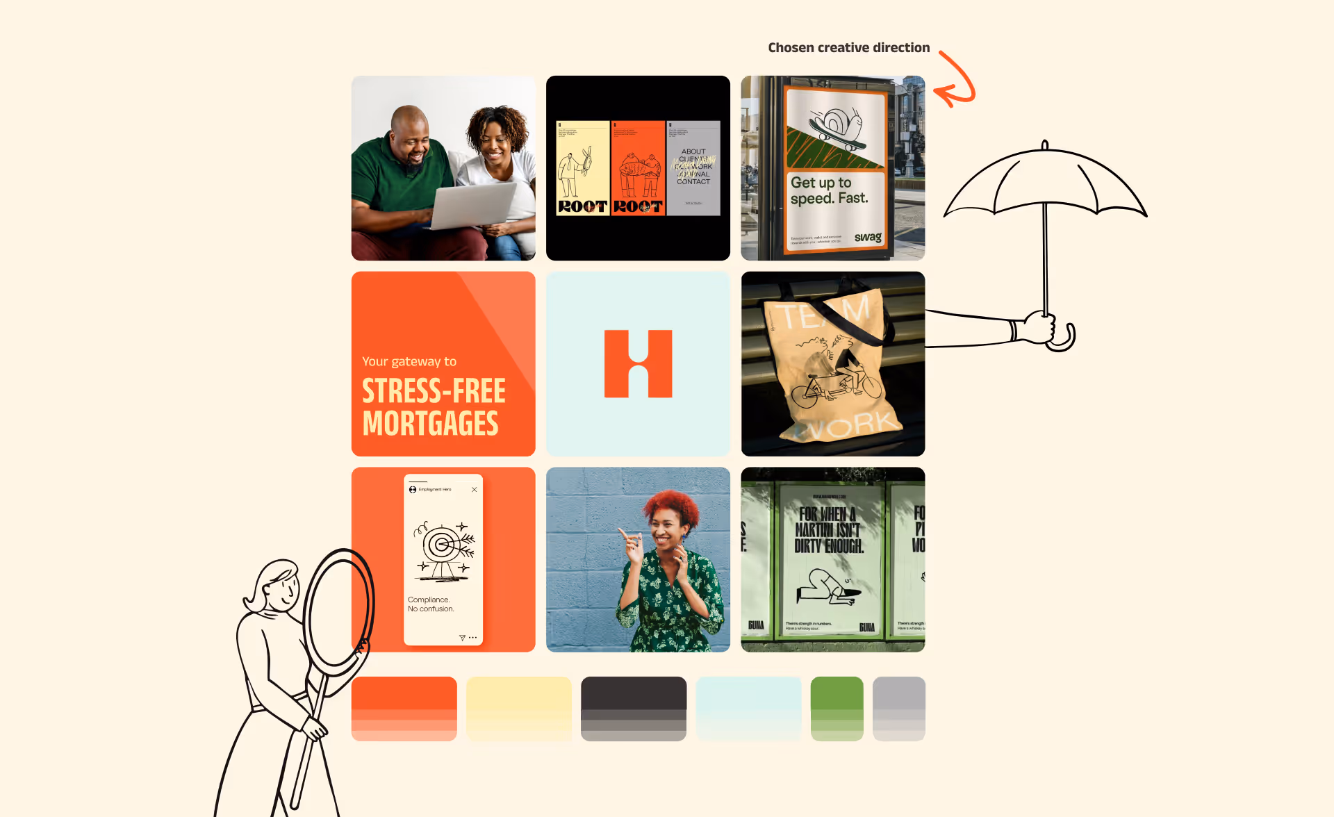 Grid of images showing diverse people, marketing designs, and a tote bag with teamwork illustration.