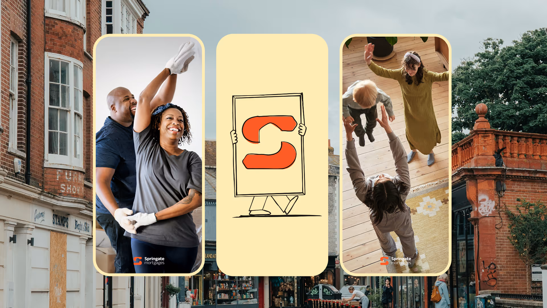 Collage of happy people moving and playing with child, with Springgate Mortgages logo in the center.