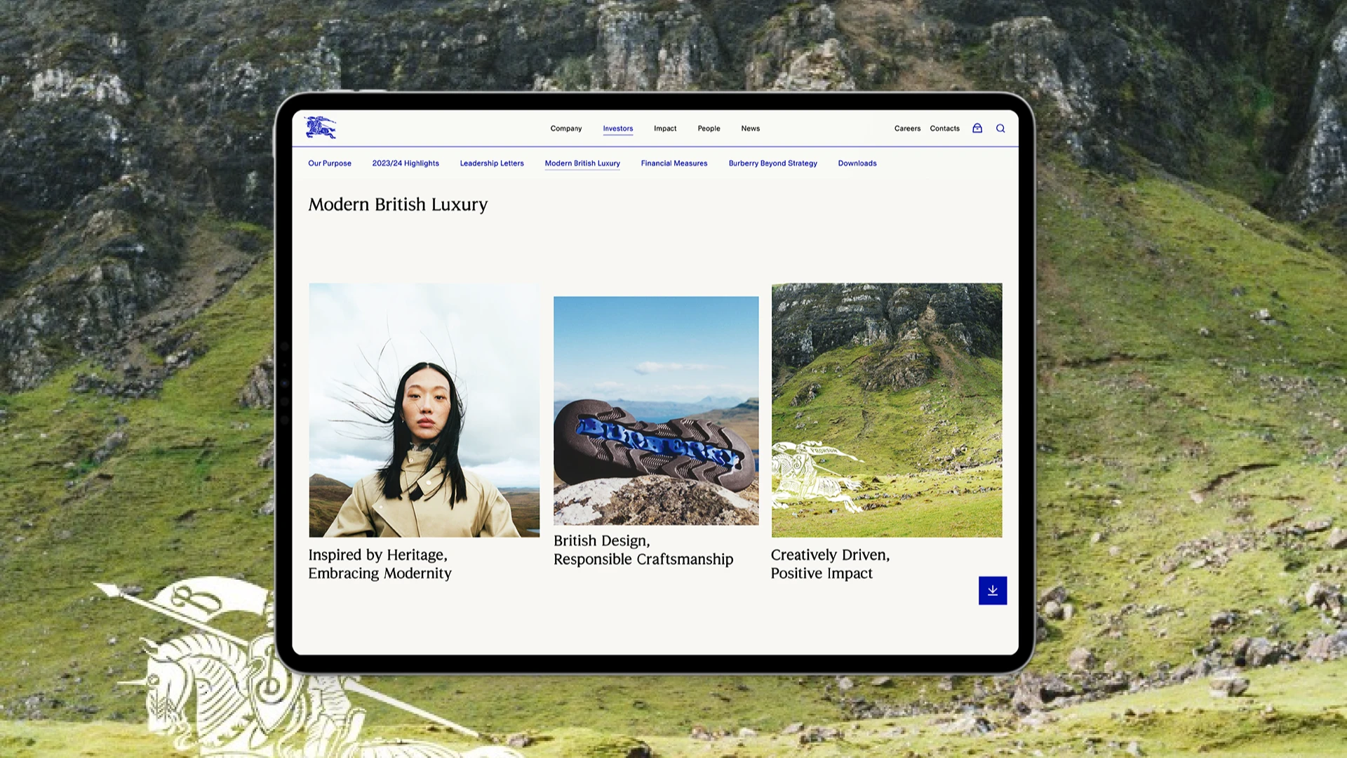 Tablet screen showing Burberry site with images and text on British luxury themes and design.