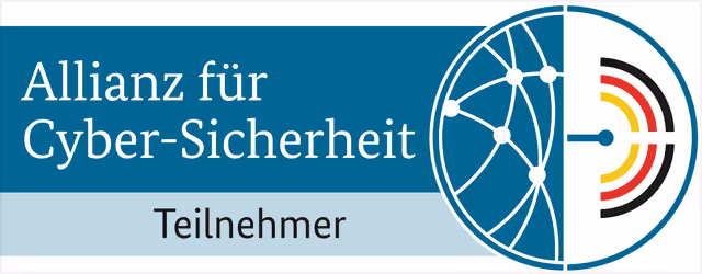 Badge with text 'Allianz für Cyber-Sicherheit Teilnehmer' featuring a blue network and signal icon.
