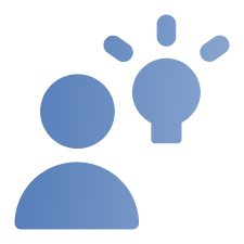 Blue icon of a person silhouette with a light bulb above the head symbolizing innovation or ideas.