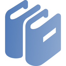 Blue gradient icon of three overlapping books standing upright.
