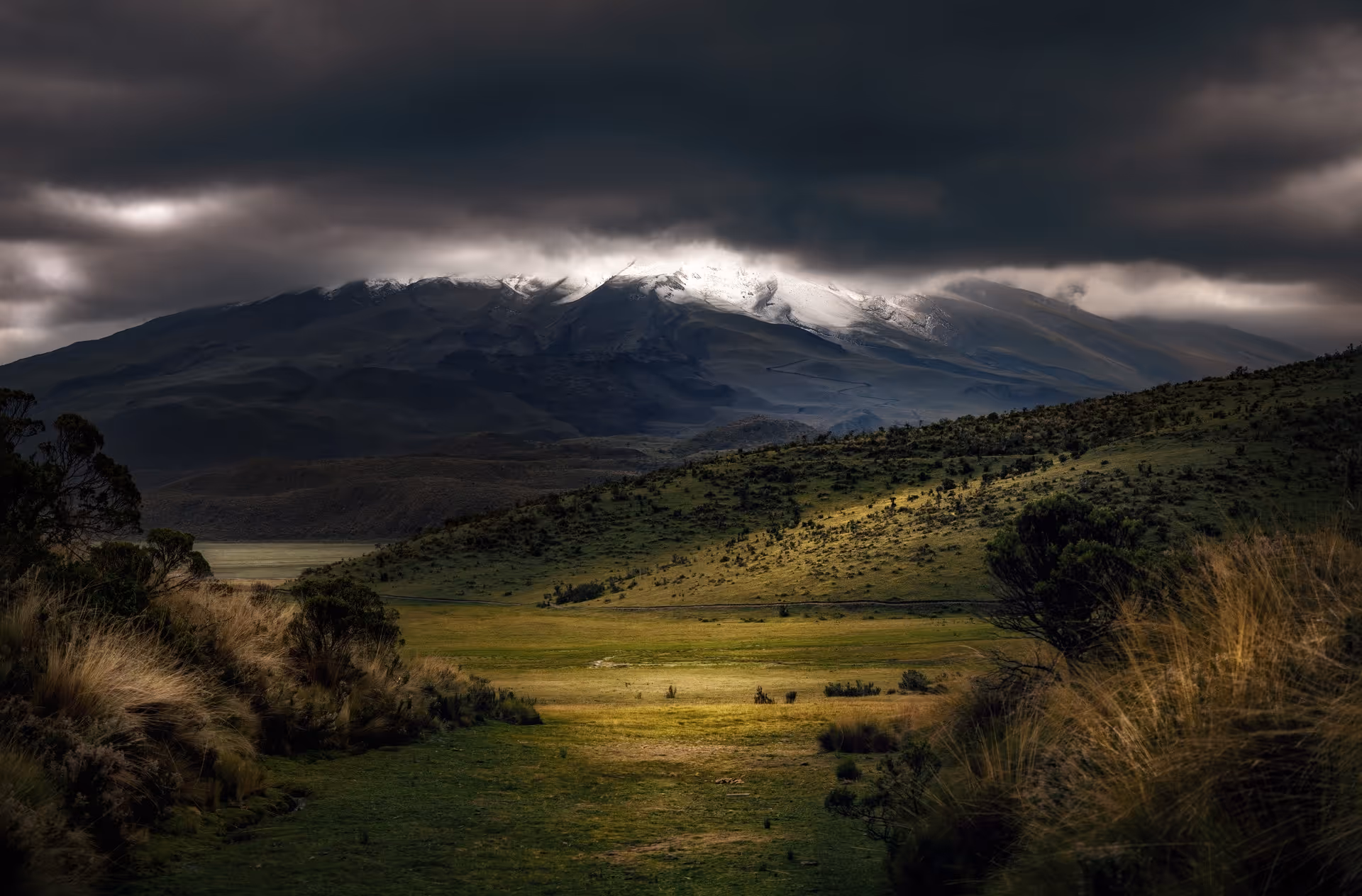 Sunlit grassy hills and valley below a snow-capped mountain under dark, dramatic clouds.