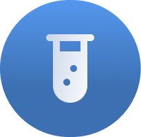 White test tube with bubbles icon on a blue circular background.