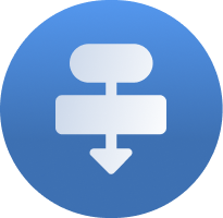 White download icon with a horizontal bar and downward arrow on a blue circular background.