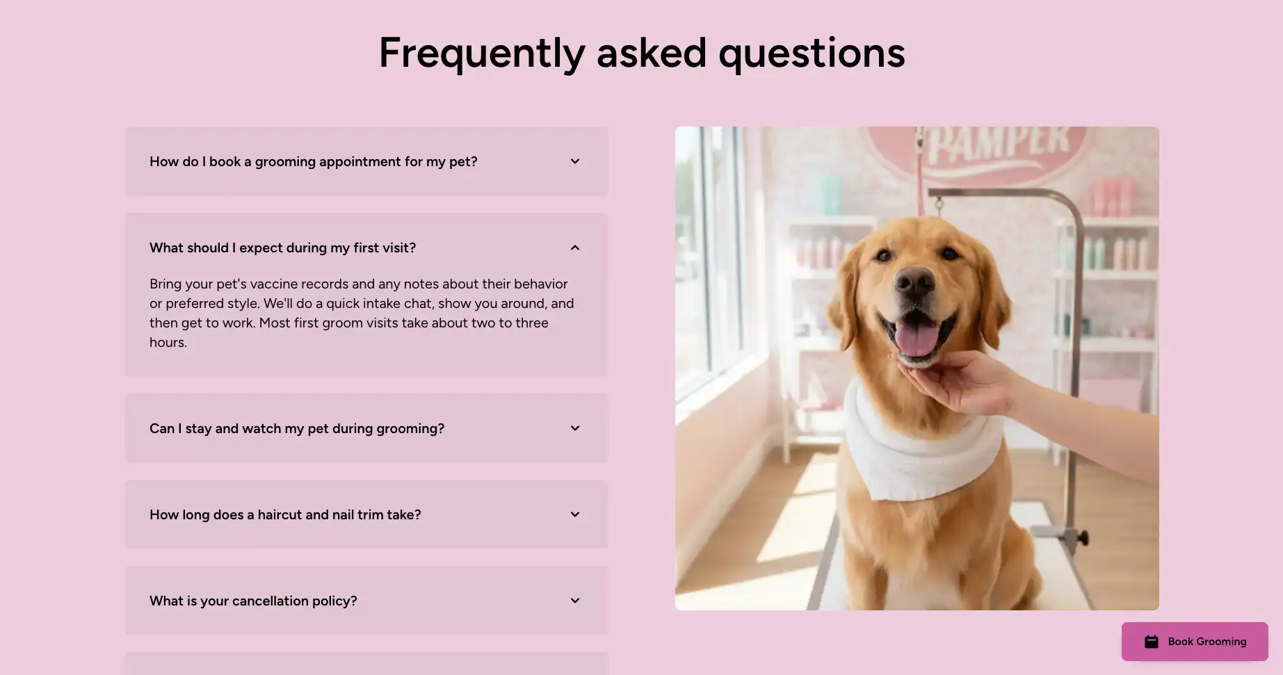 Pet Grooming and Daycare FAQ section